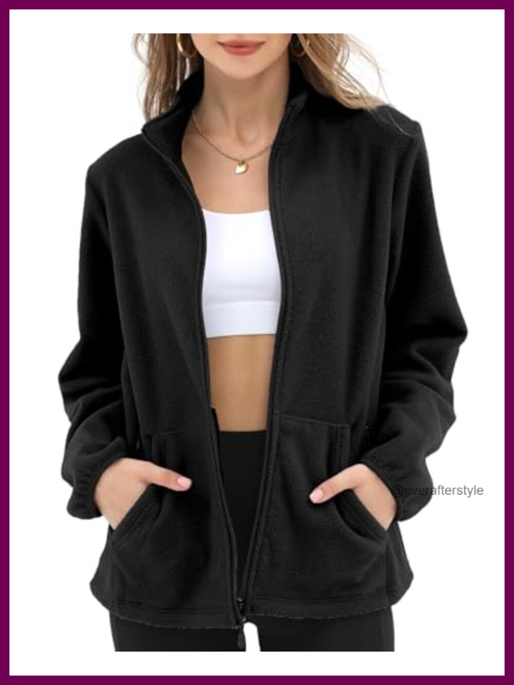 Women's Fleece Jacket Zip Front Stand Collar 6 Pockets